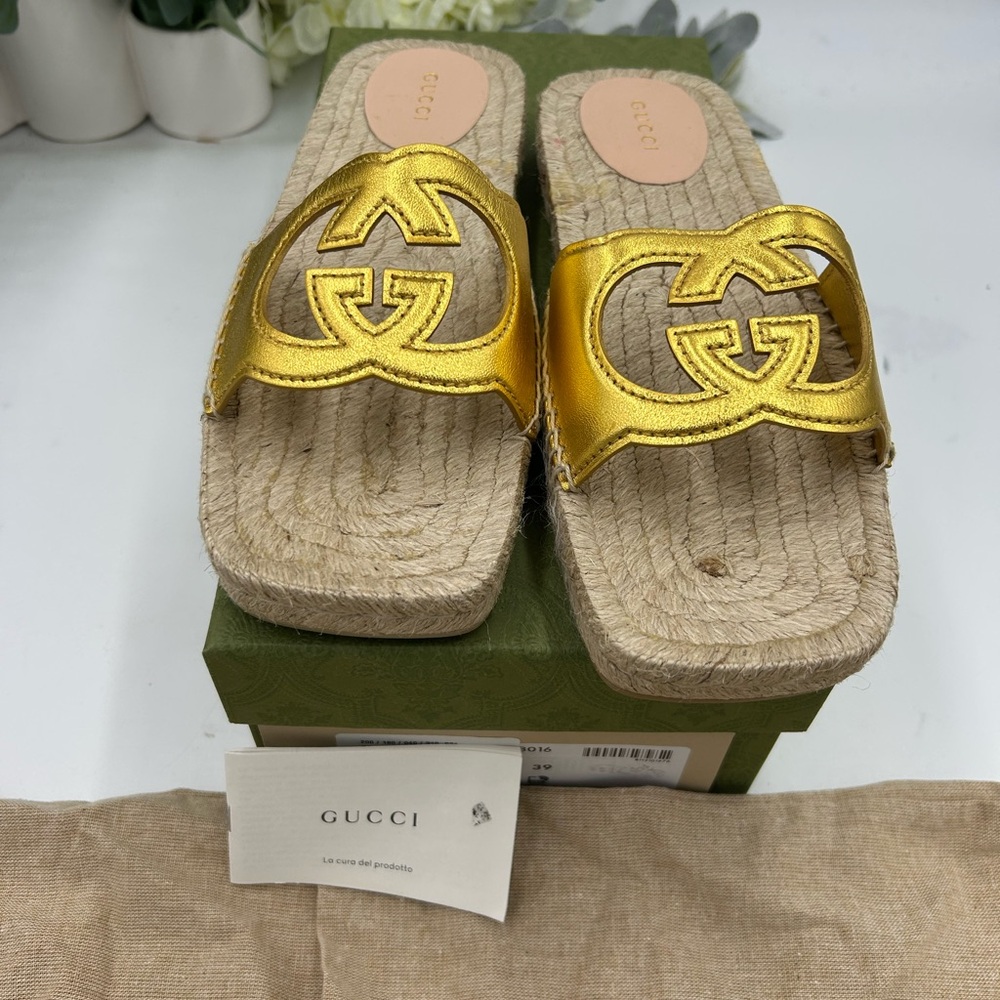 Women's Gucci interlocking G metallic gold leather espadrilles size 39 - Picture 3 of 8